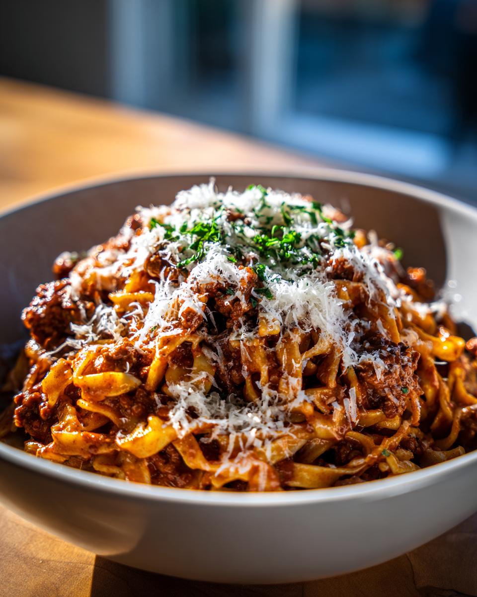 A close-up of a bowl of creamy high protein beef pasta, topped with grated Parmesan cheese and fresh parsley.
