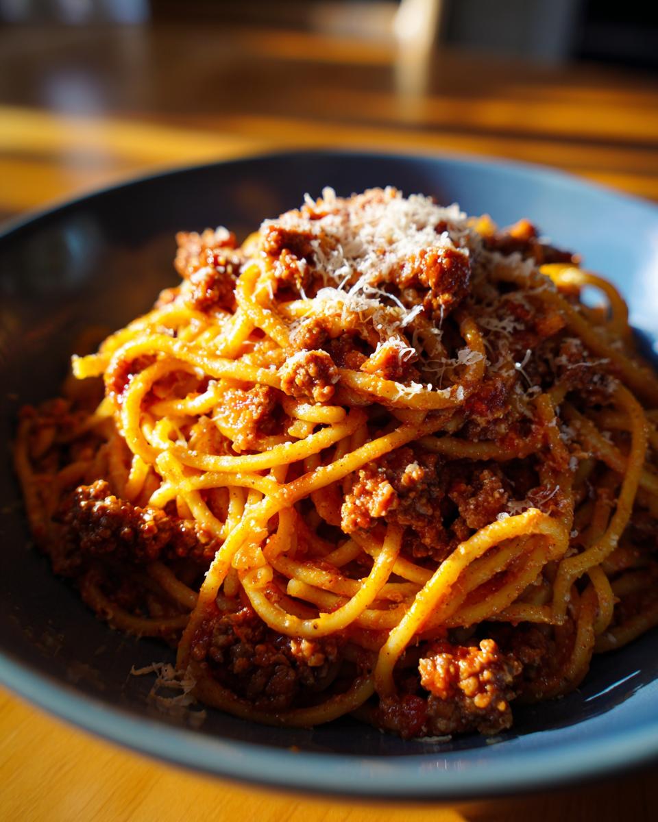 A bowl of creamy high protein beef pasta, topped with grated parmesan cheese.