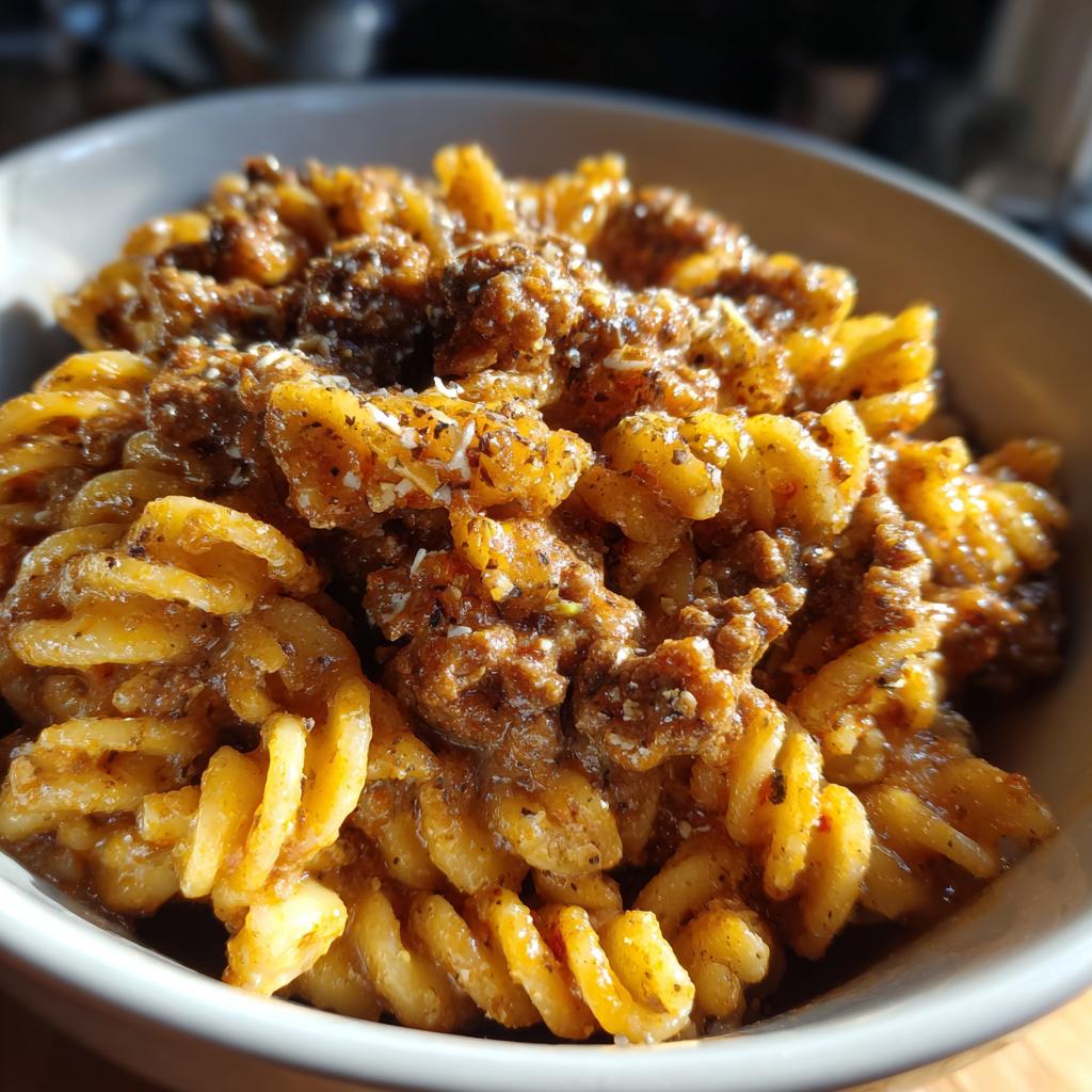 Close-up of a bowl of Creamy High Protein Beef Pasta with fusilli noodles and rich beef sauce.