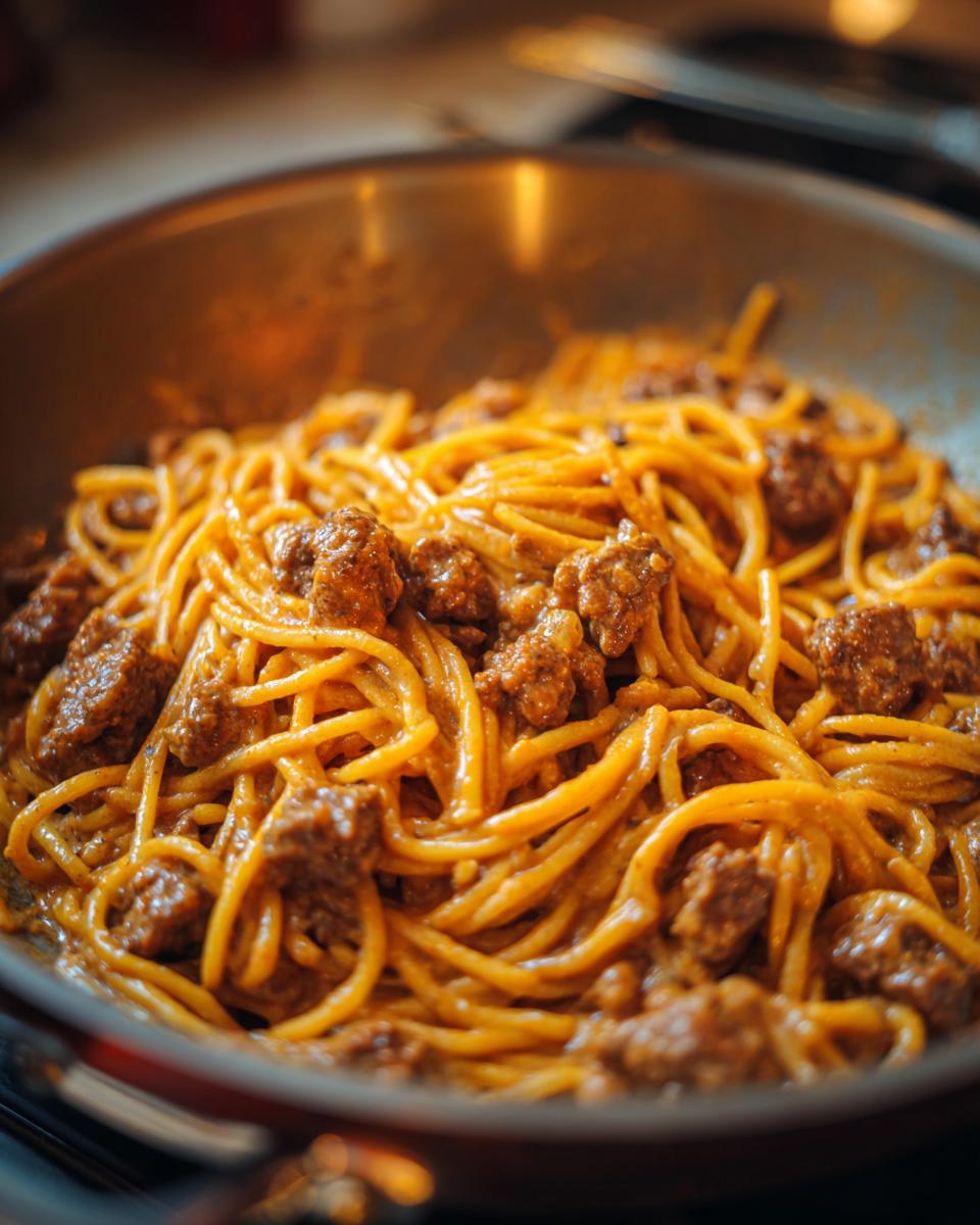 Close-up of a pan filled with Creamy High Protein Beef Pasta, showing spaghetti coated in a rich sauce with chunks of beef.