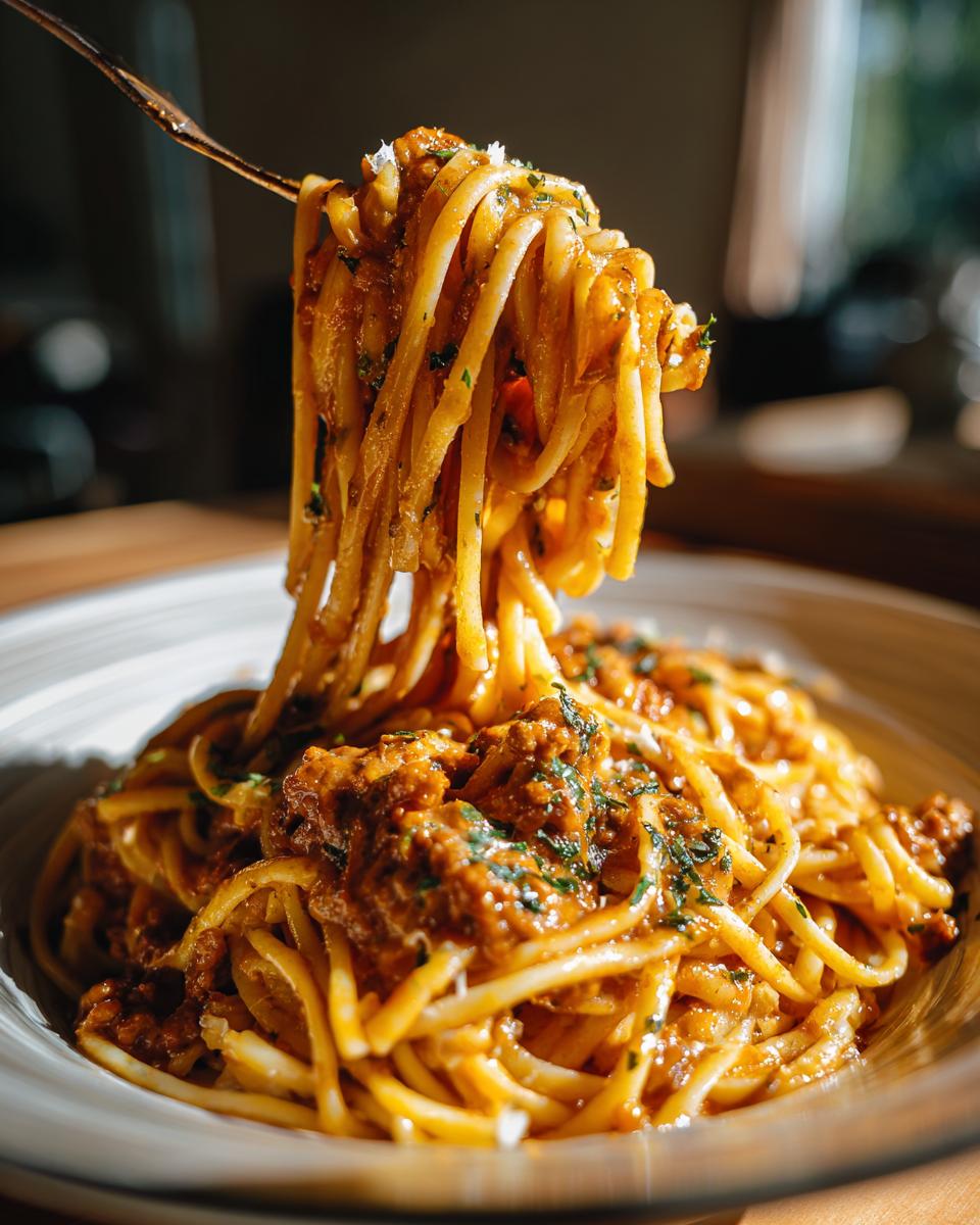 A fork lifting a generous portion of spaghetti coated in creamy high protein beef pasta sauce, garnished with parsley.