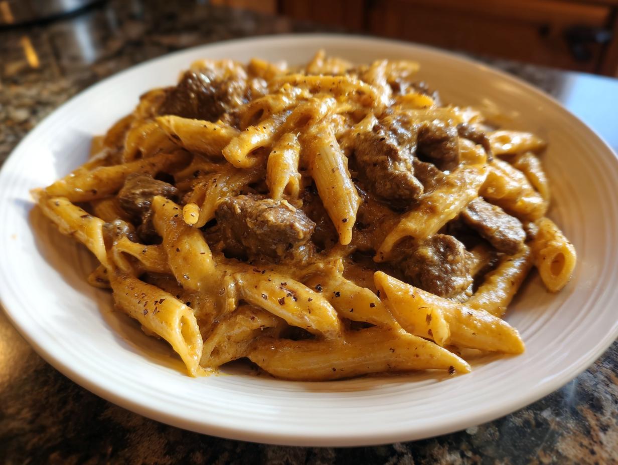 A close-up of a white bowl filled with creamy high protein beef pasta, featuring penne noodles and tender beef chunks in a rich sauce.