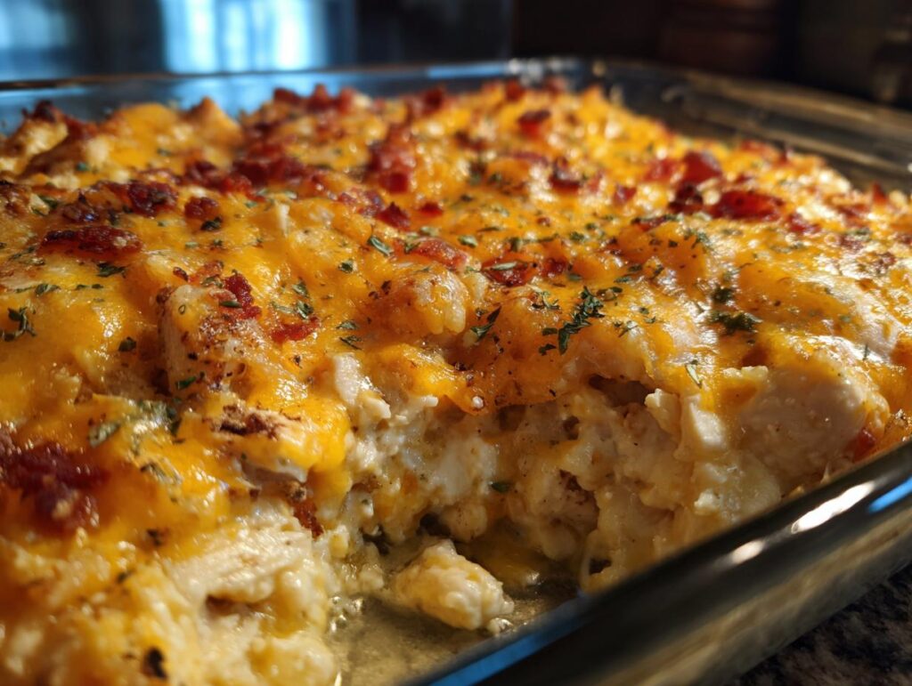 Close-up of a bubbly Creamy Low Carb Chicken Casserole topped with melted cheese and crispy bacon bits.