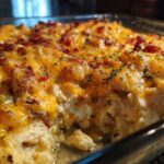 Close-up of a bubbly Creamy Low Carb Chicken Casserole topped with melted cheese and crispy bacon bits.