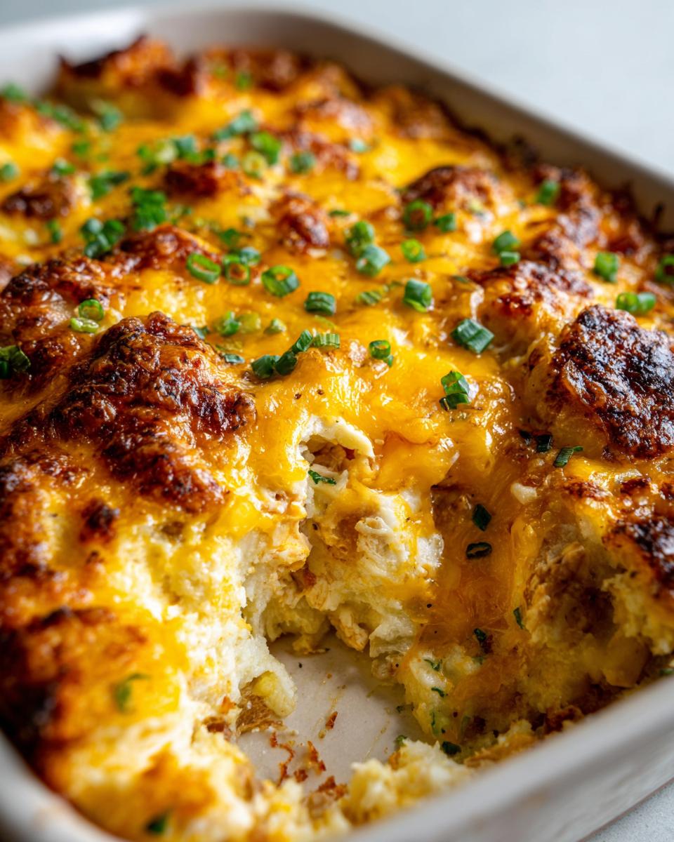 A close-up of a baked Creamy Low Carb Chicken Casserole, topped with melted cheddar cheese and chopped green onions.