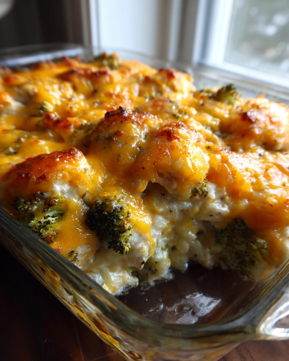 A close-up of a bubbly Creamy Low Carb Chicken Casserole topped with melted cheddar cheese and broccoli florets.