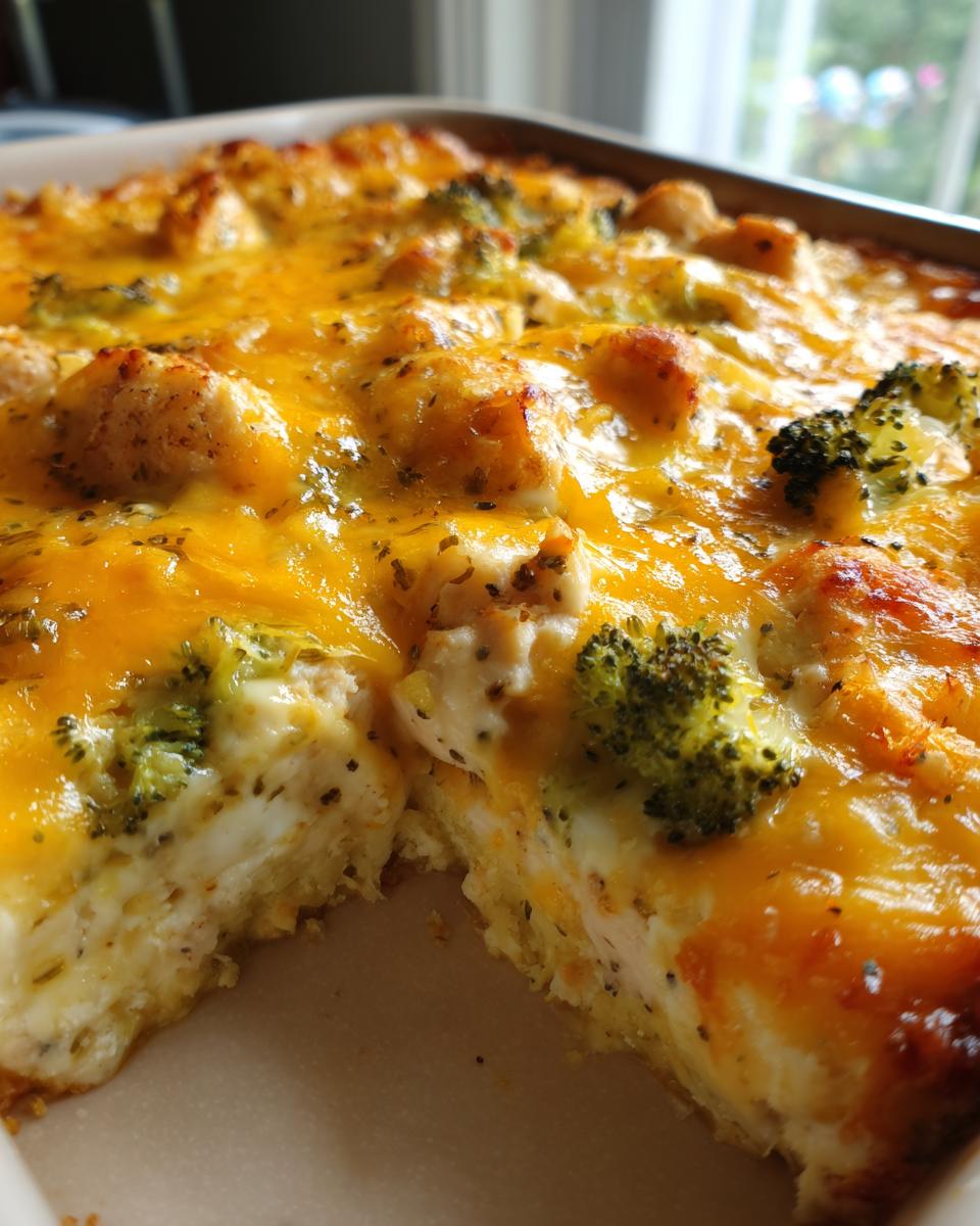 A close-up of a slice of Creamy Low Carb Chicken Casserole, featuring chicken, broccoli, and melted cheese.