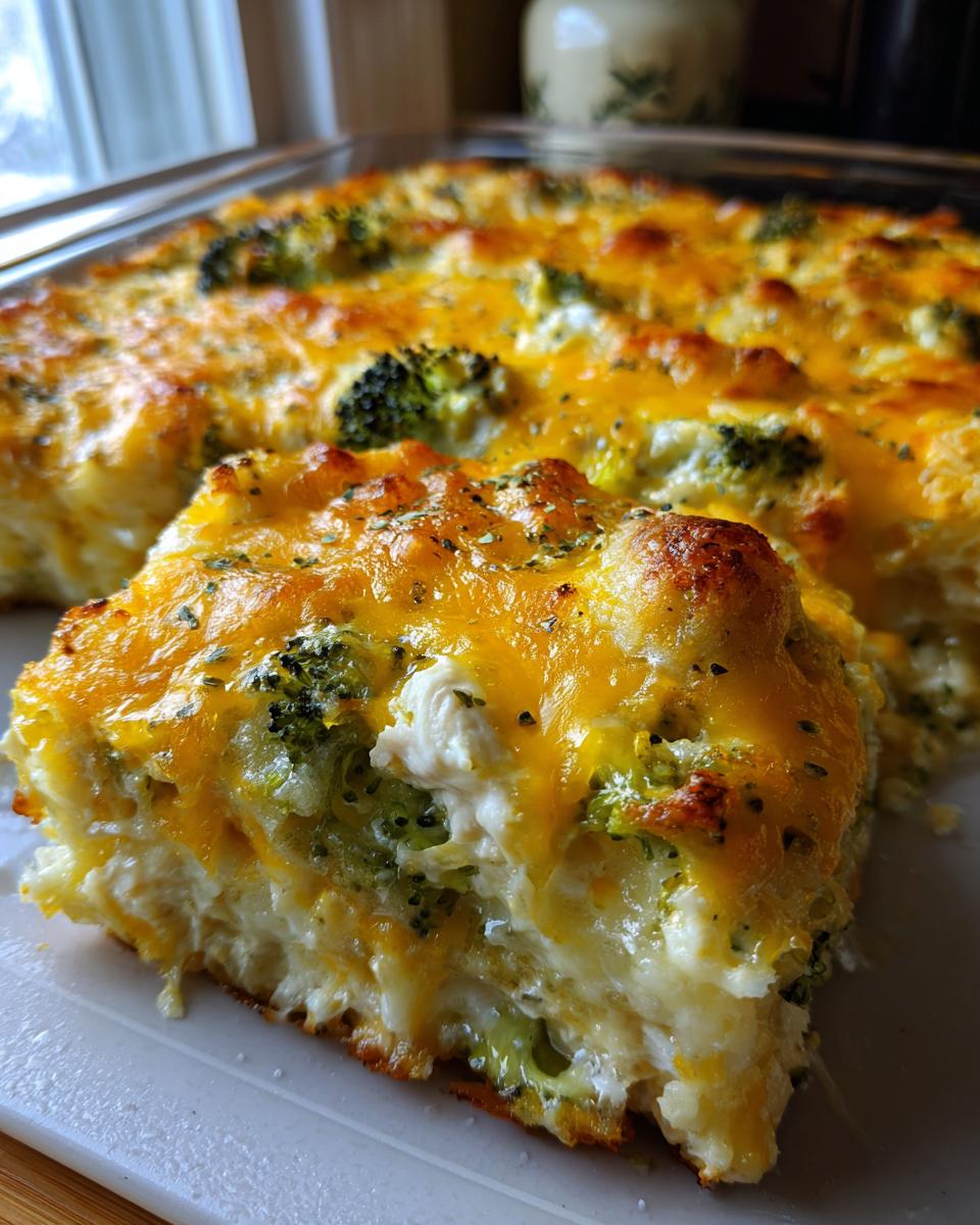 A slice of Creamy Low Carb Chicken Casserole with broccoli and melted cheese, showing layers of chicken and creamy sauce.