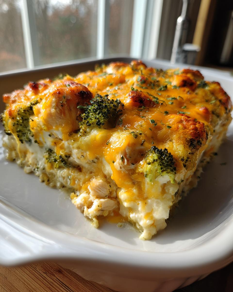 A delicious slice of Creamy Low Carb Chicken Casserole with broccoli and melted cheese.
