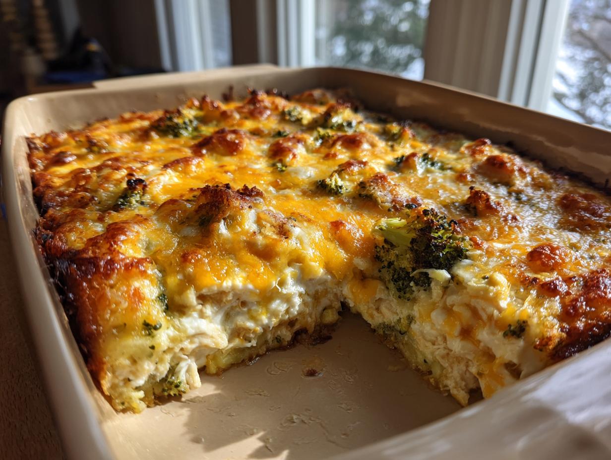 A golden-brown Creamy Low Carb Chicken Casserole baked in a rectangular dish, featuring chicken, broccoli, and melted cheese.