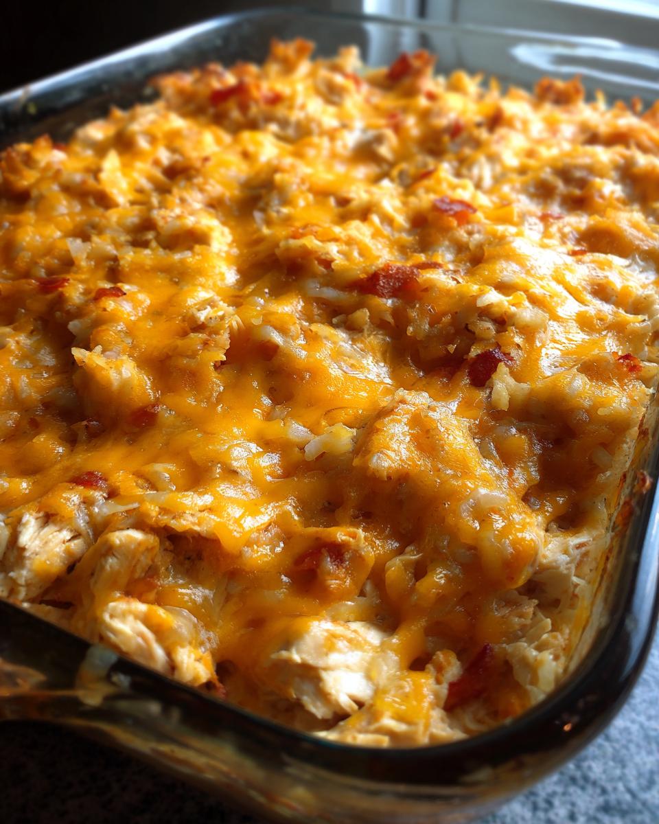 Close-up of a bubbling Creamy Low Carb Chicken Casserole topped with melted cheddar cheese and bits of bacon.