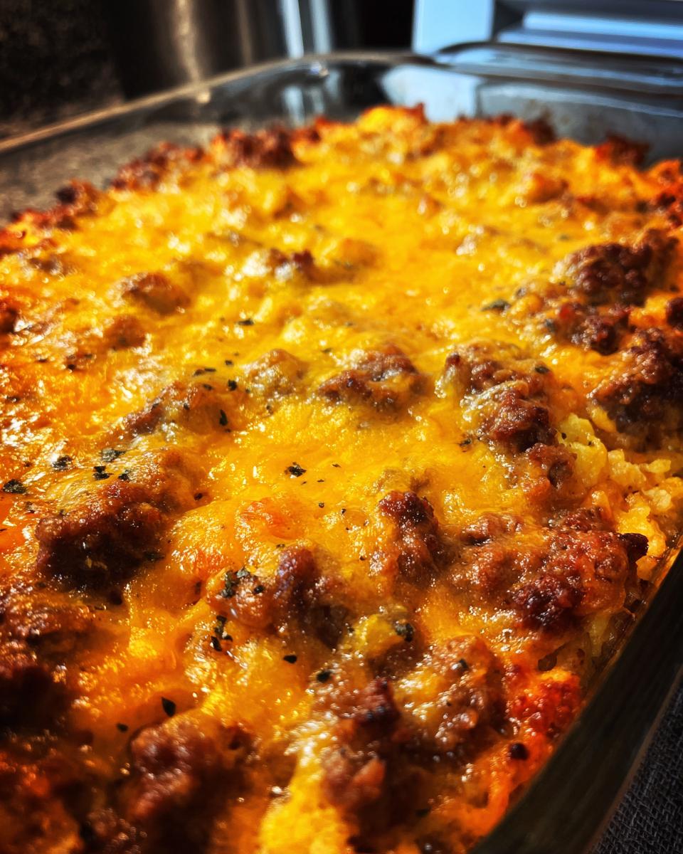 Close-up of a bubbling Creamy Low Carb Chicken Casserole topped with melted cheddar cheese and seasoned with herbs.
