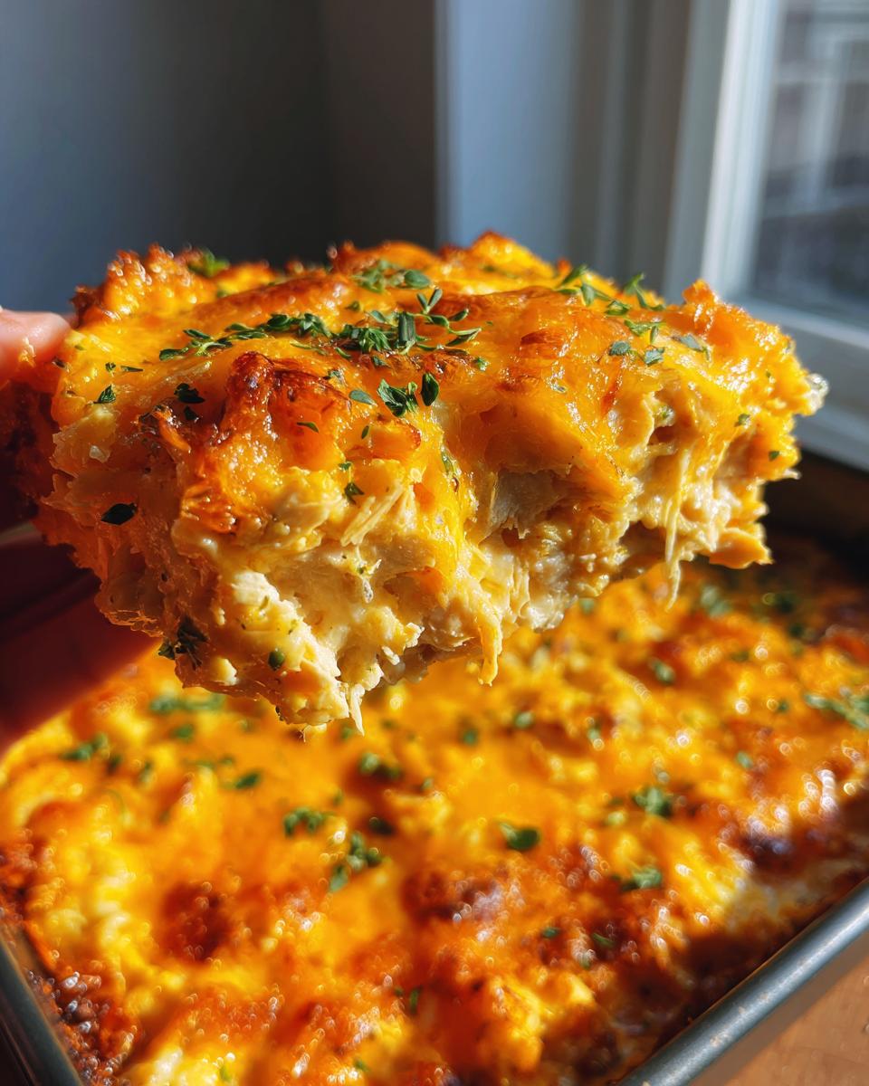 A close-up shot of a generous slice of Creamy Low Carb Chicken Casserole, topped with melted cheese and herbs.