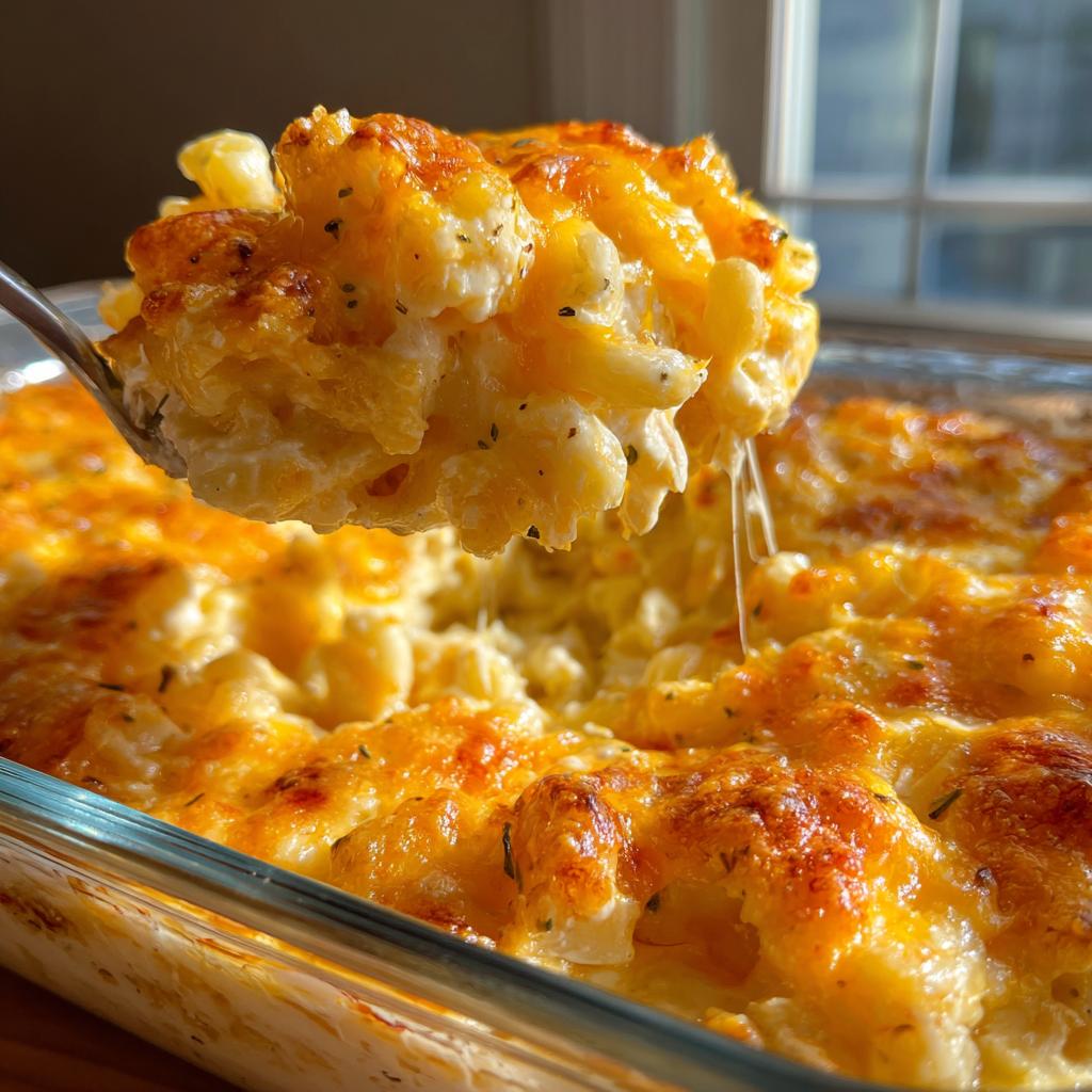 A spoonful of creamy low carb chicken casserole, showing melted cheese and pasta.