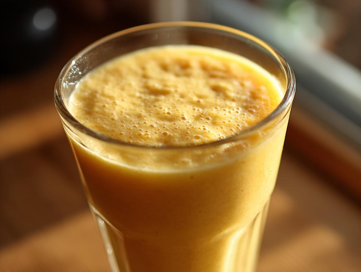 A close-up shot of a tall glass filled with a creamy, frothy peach yogurt smoothie.