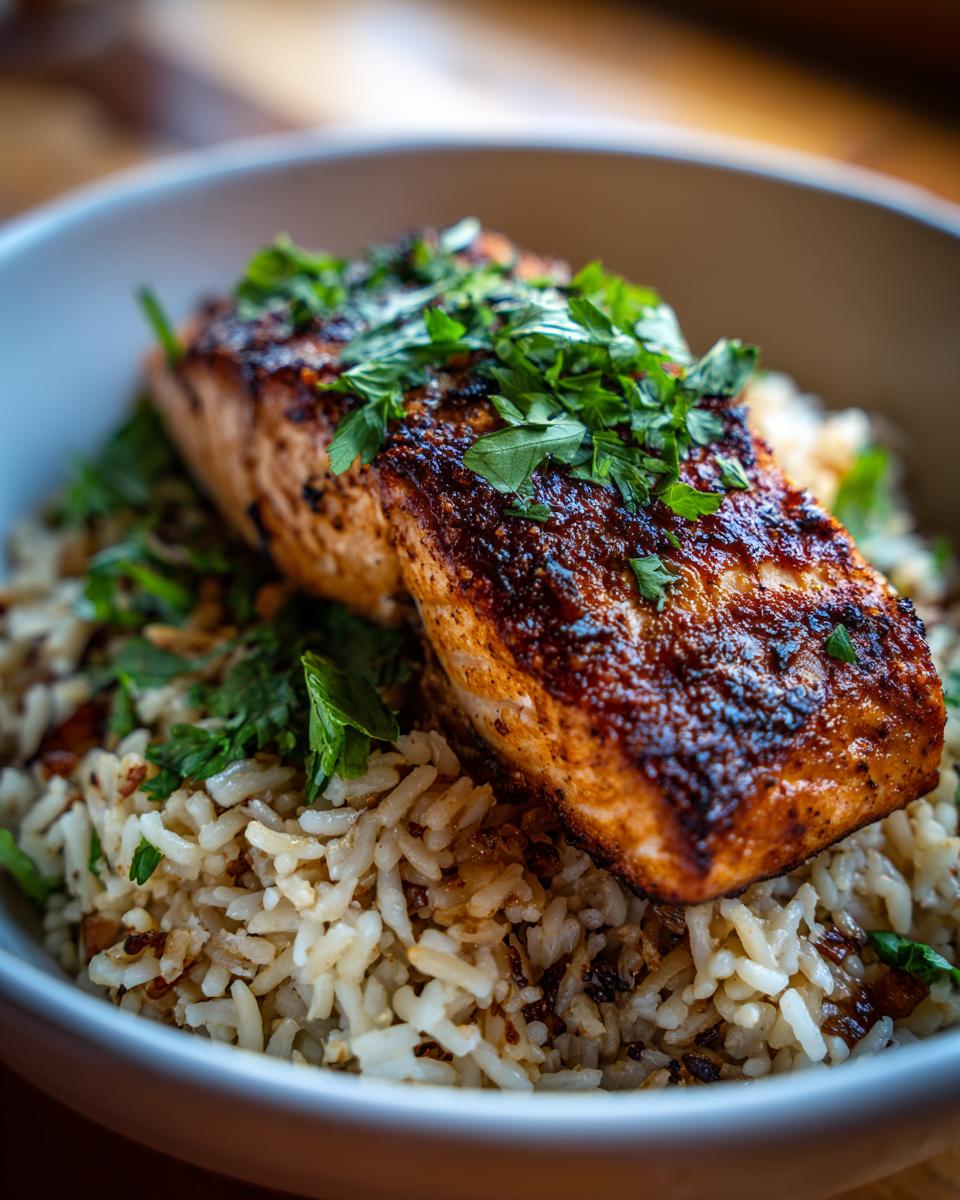 A close-up shot of a perfectly cooked crispy salmon fillet on top of a bed of fluffy rice, garnished with fresh herbs.
