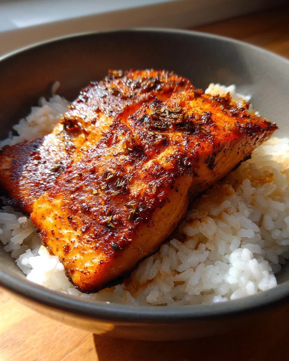 Close-up of a perfectly cooked crispy salmon fillet seasoned with herbs, served over fluffy white rice in a dark bowl.