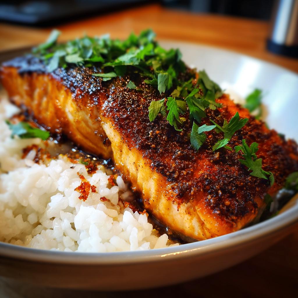 A close-up shot of a perfectly cooked crispy salmon fillet seasoned with spices, served over fluffy white rice and garnished with fresh parsley.