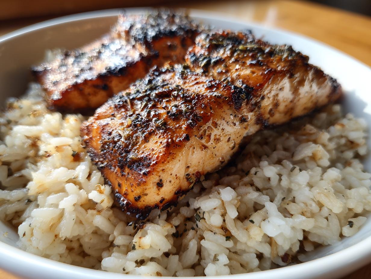 Close-up of a white bowl filled with fluffy rice topped with two pieces of perfectly seasoned and crispy salmon.
