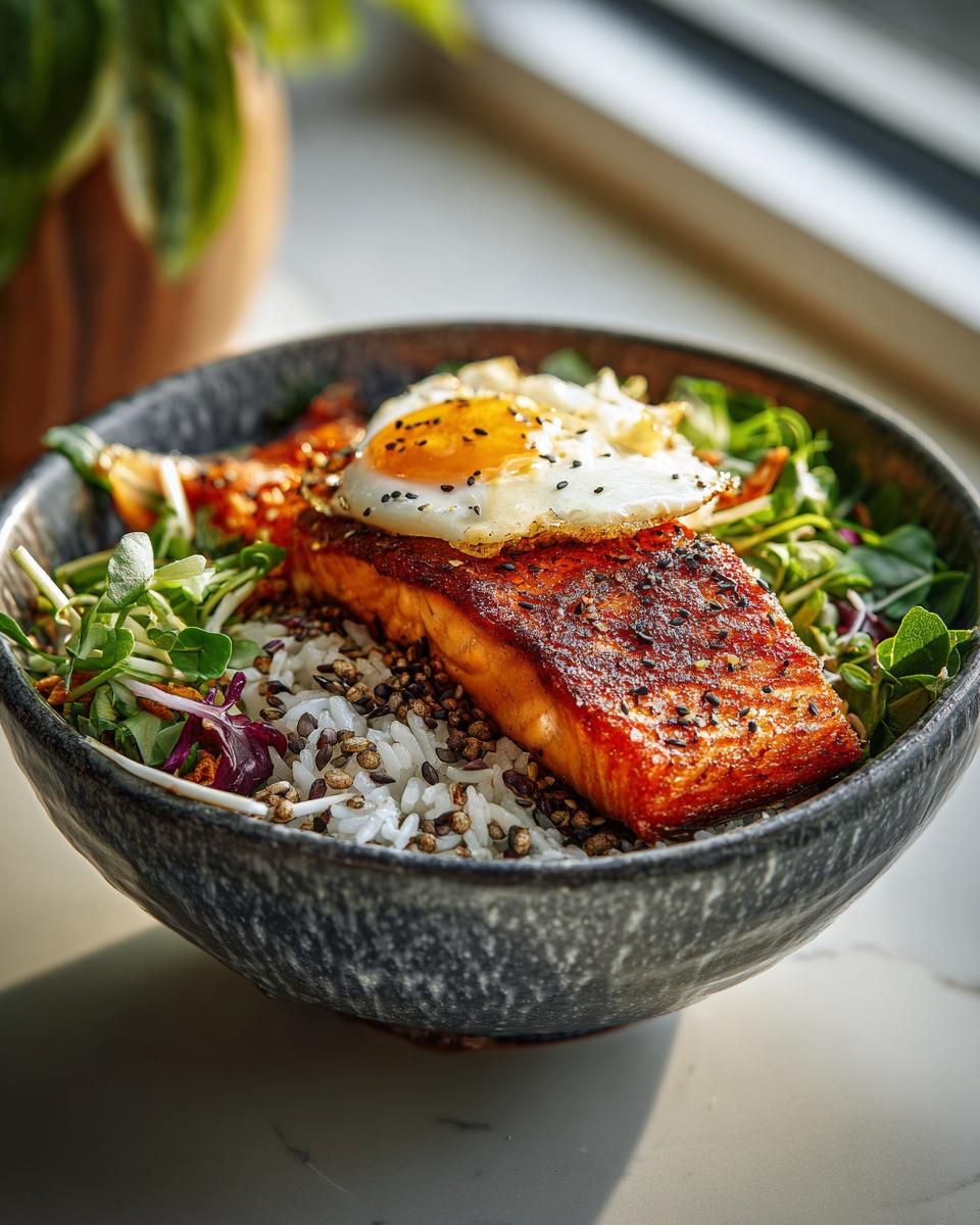 A delicious Crispy Salmon and Rice Bowl topped with a perfectly fried egg and fresh greens.