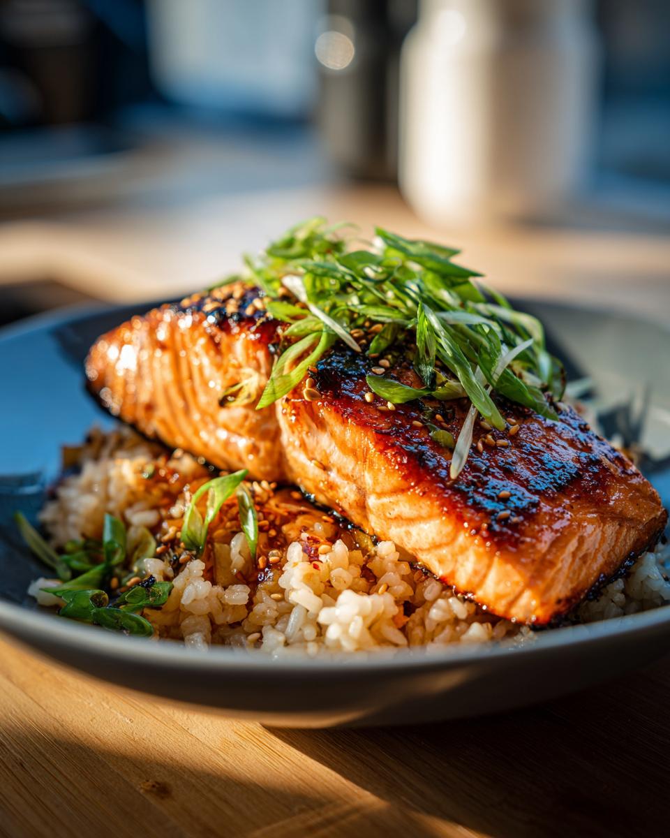 A close-up of a delicious Crispy Salmon and Rice Bowl, featuring a glazed salmon fillet over fluffy rice, topped with green onions and sesame seeds.