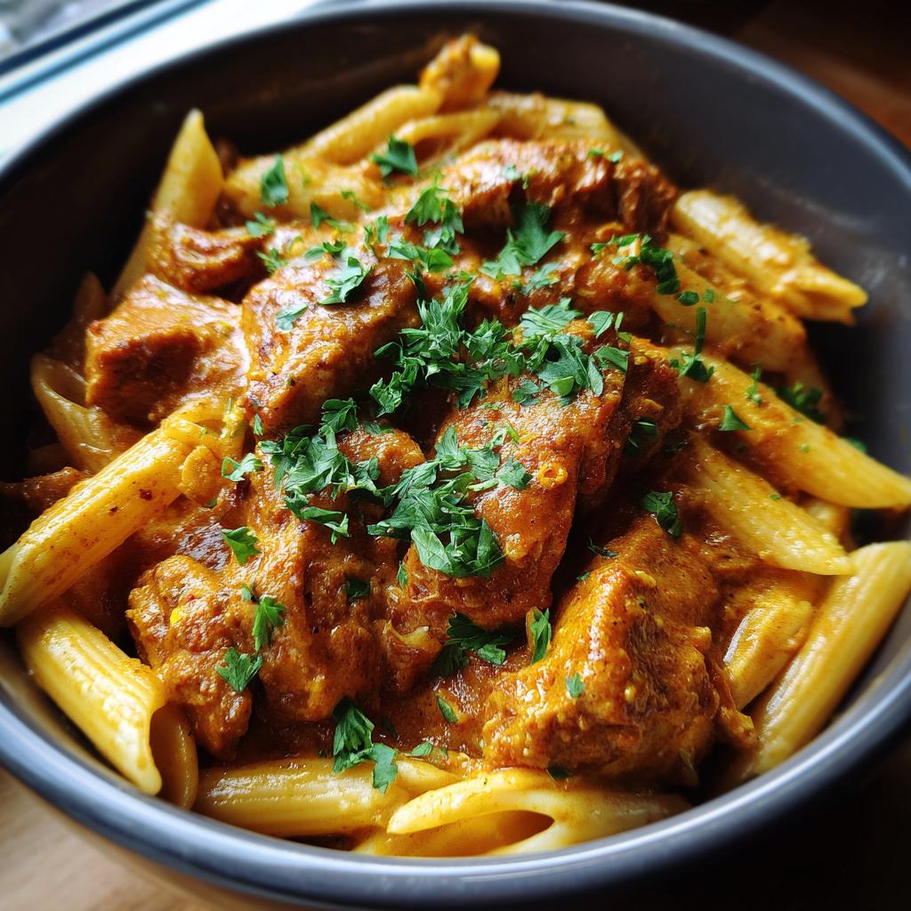 A close-up of Crock Pot Creamy Cajun Chicken Pasta in a dark bowl, garnished with fresh parsley.