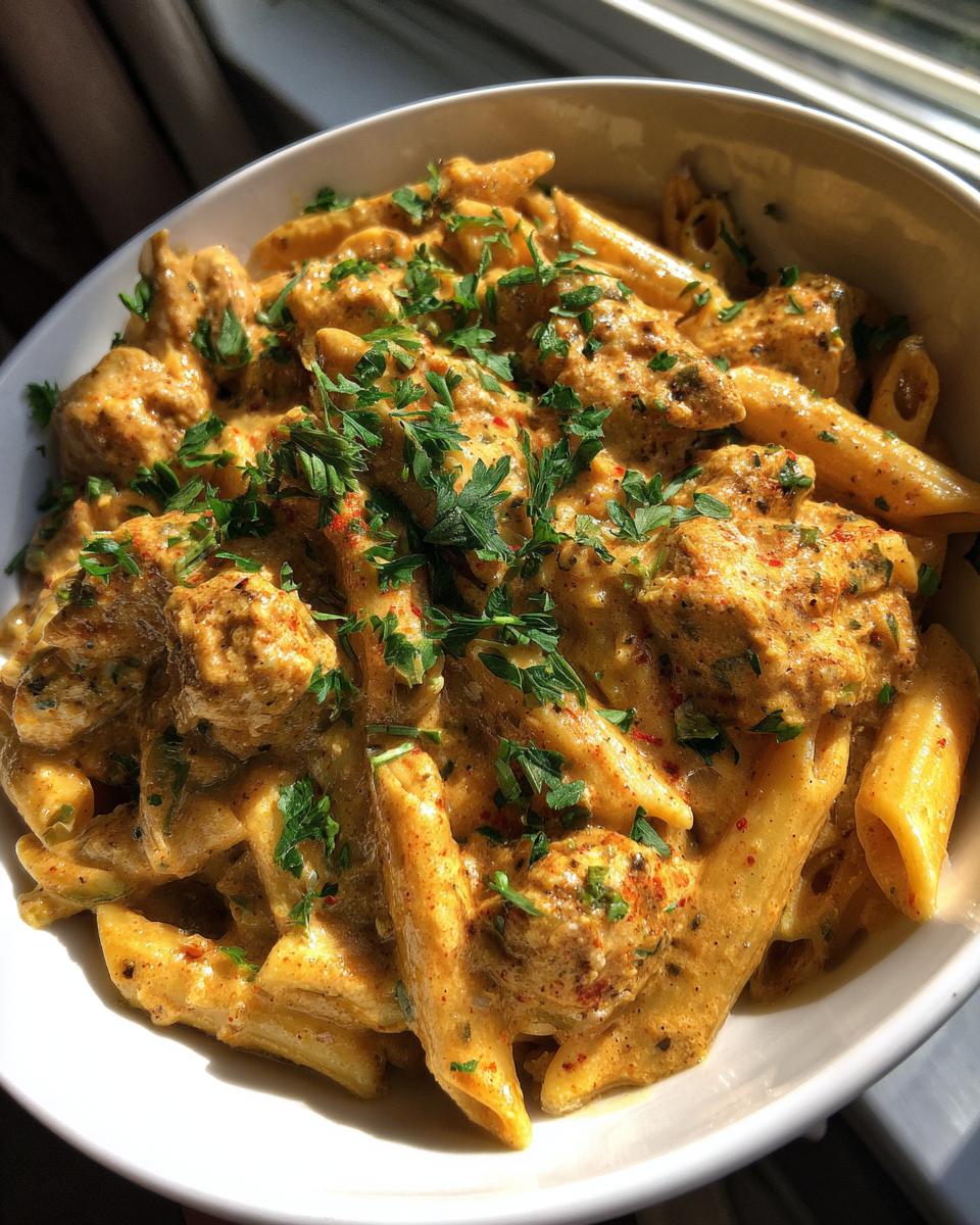 A close-up of Crock Pot Creamy Cajun Chicken Pasta in a white bowl, garnished with parsley.