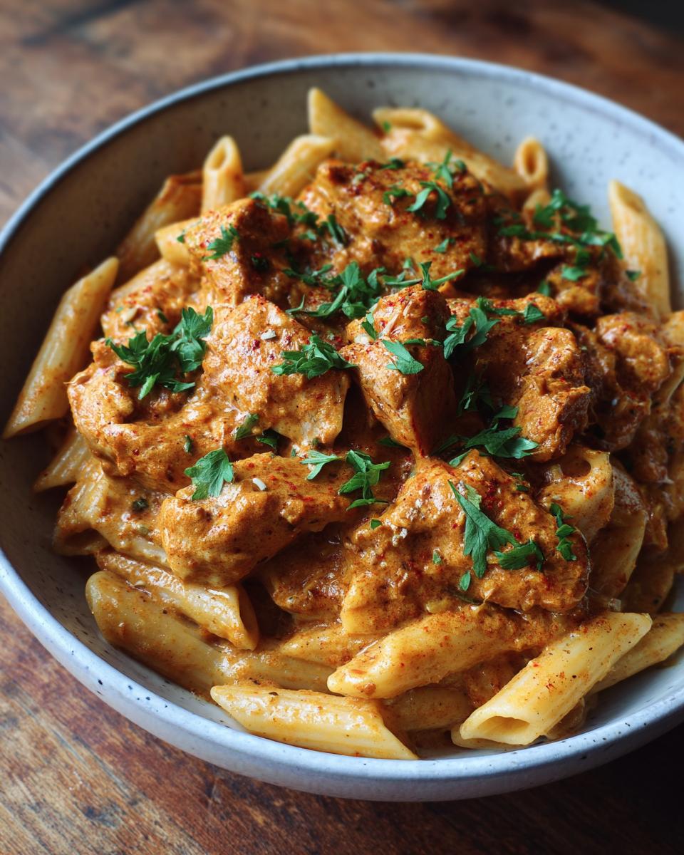 A close-up view of Crock Pot Creamy Cajun Chicken Pasta, featuring penne pasta coated in a rich, orange-hued sauce with tender chicken pieces and fresh parsley.