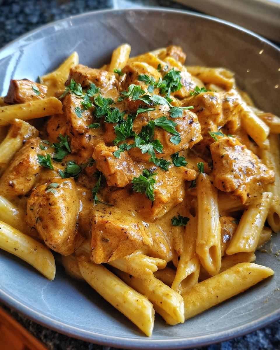 A close-up of Crock Pot Creamy Cajun Chicken Pasta, featuring penne pasta coated in a rich, creamy sauce with tender chicken pieces and fresh parsley garnish.