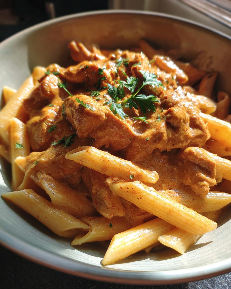 A close-up of a bowl filled with Crock Pot Creamy Cajun Chicken Pasta, garnished with fresh parsley.