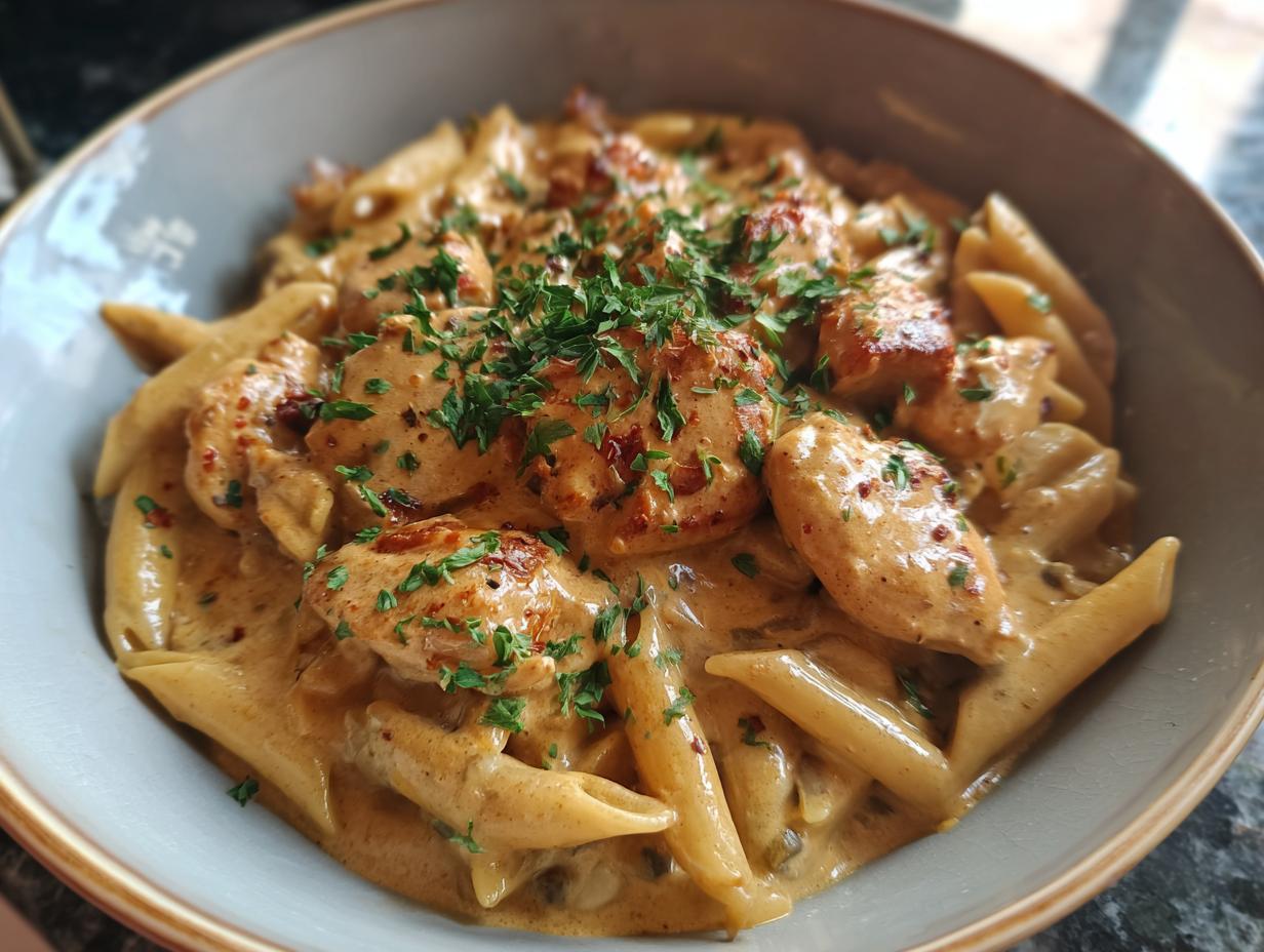 A bowl of Crock Pot Creamy Cajun Chicken Pasta with penne noodles and chicken pieces, garnished with parsley.