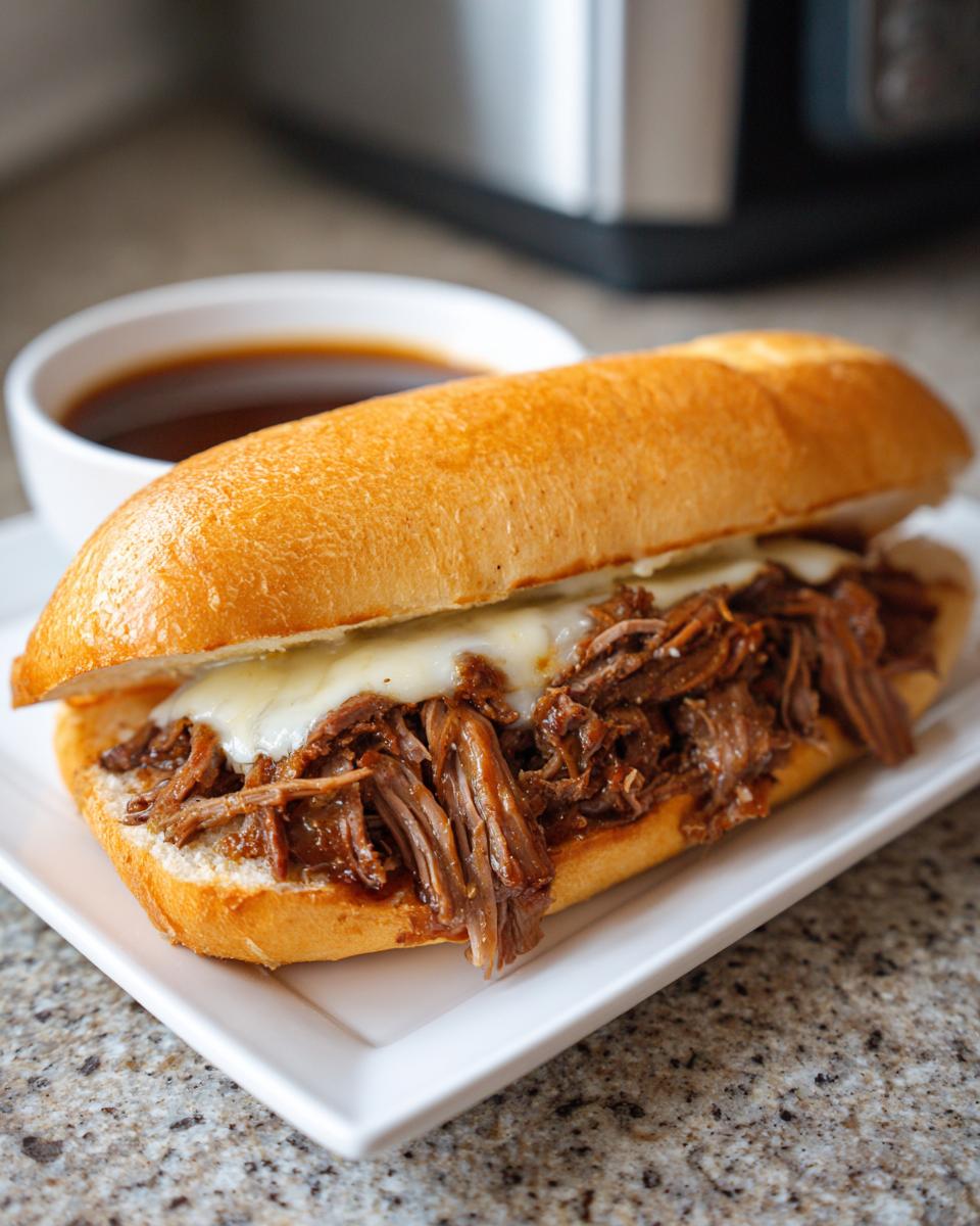 A close-up of a Crockpot French Dip Sandwich filled with shredded beef and melted cheese, served with a side of au jus.