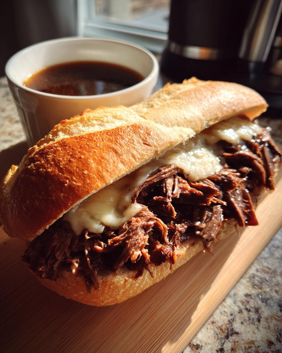 A delicious Crockpot French Dip Sandwich overflowing with shredded beef and melted cheese, served with a side of au jus.