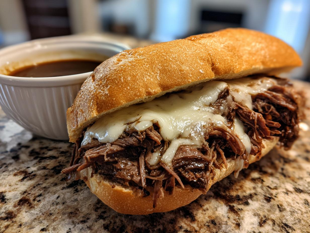 A close-up of a Crockpot French Dip Sandwich overflowing with shredded beef and melted cheese, served with a side of au jus.