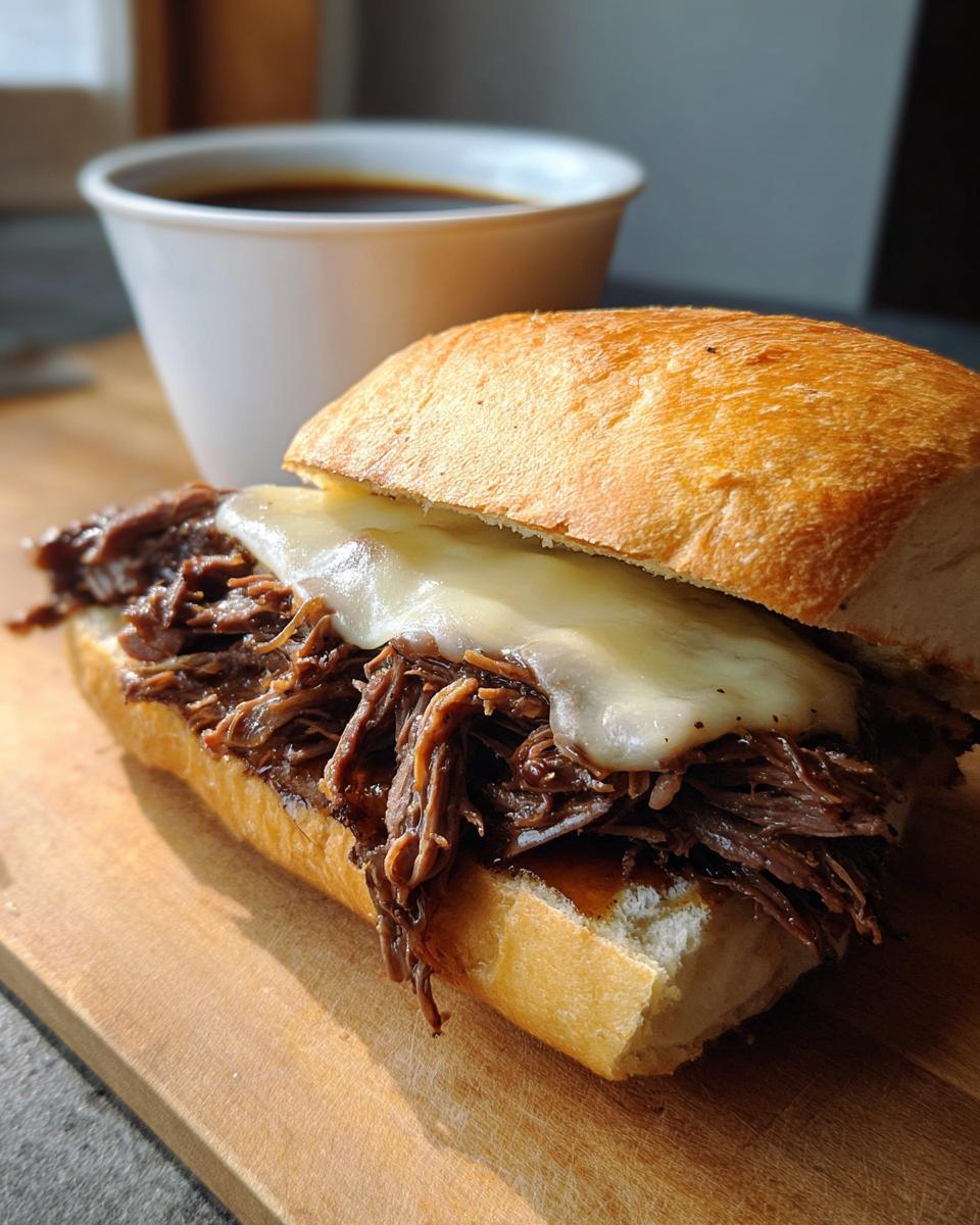 A delicious Crockpot French Dip Sandwich piled high with shredded beef and melted provolone cheese, served with a side of au jus.