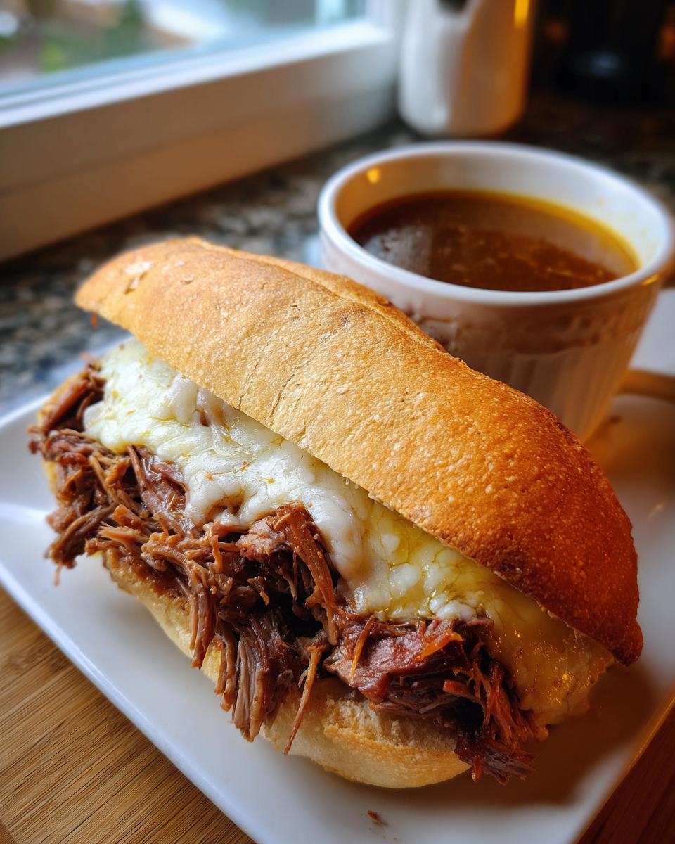 A delicious Crockpot French Dip Sandwich overflowing with shredded beef and melted cheese, served with a side of au jus.