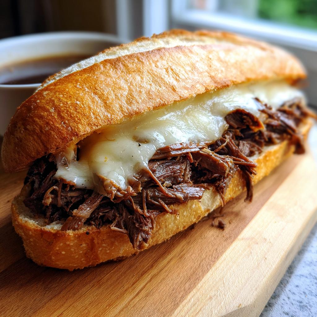 Close-up of a delicious Crockpot French Dip Sandwich overflowing with shredded beef and melted cheese on a crusty roll.