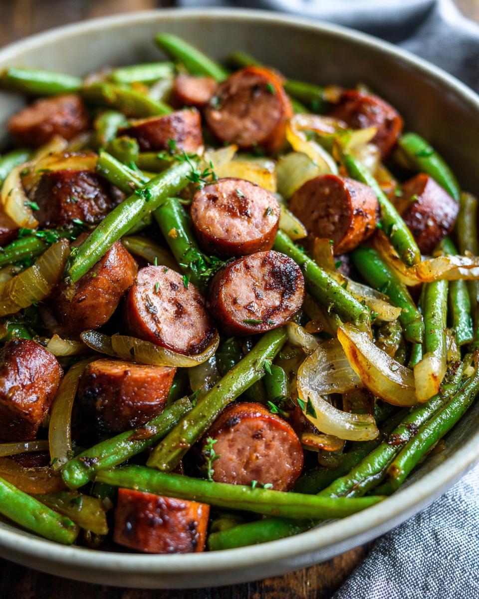 A close-up of a bowl filled with Crockpot Kielbasa and Green Beans, with sliced sausage and tender green beans.