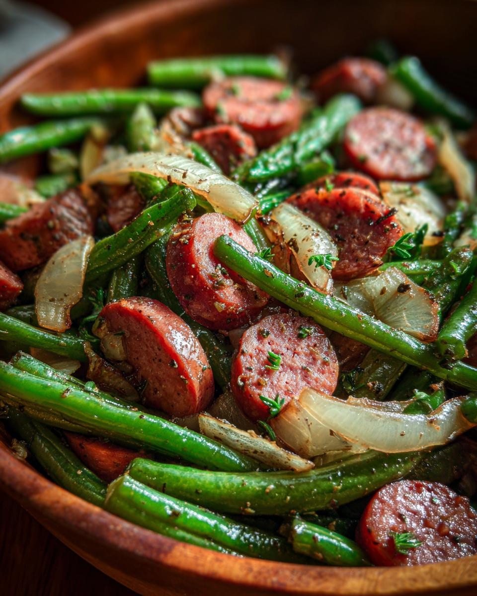 Close-up of Crockpot Kielbasa and Green Beans with onions in a wooden bowl, seasoned with herbs.
