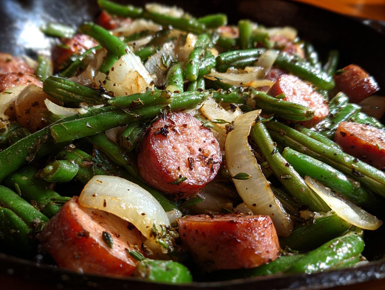 Close-up of Crockpot Kielbasa and Green Beans dish with onions and herbs.