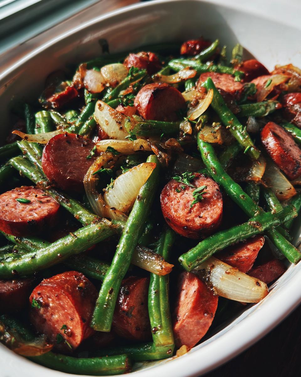 Close-up of a white dish filled with Crockpot Kielbasa and Green Beans, with onions and herbs.