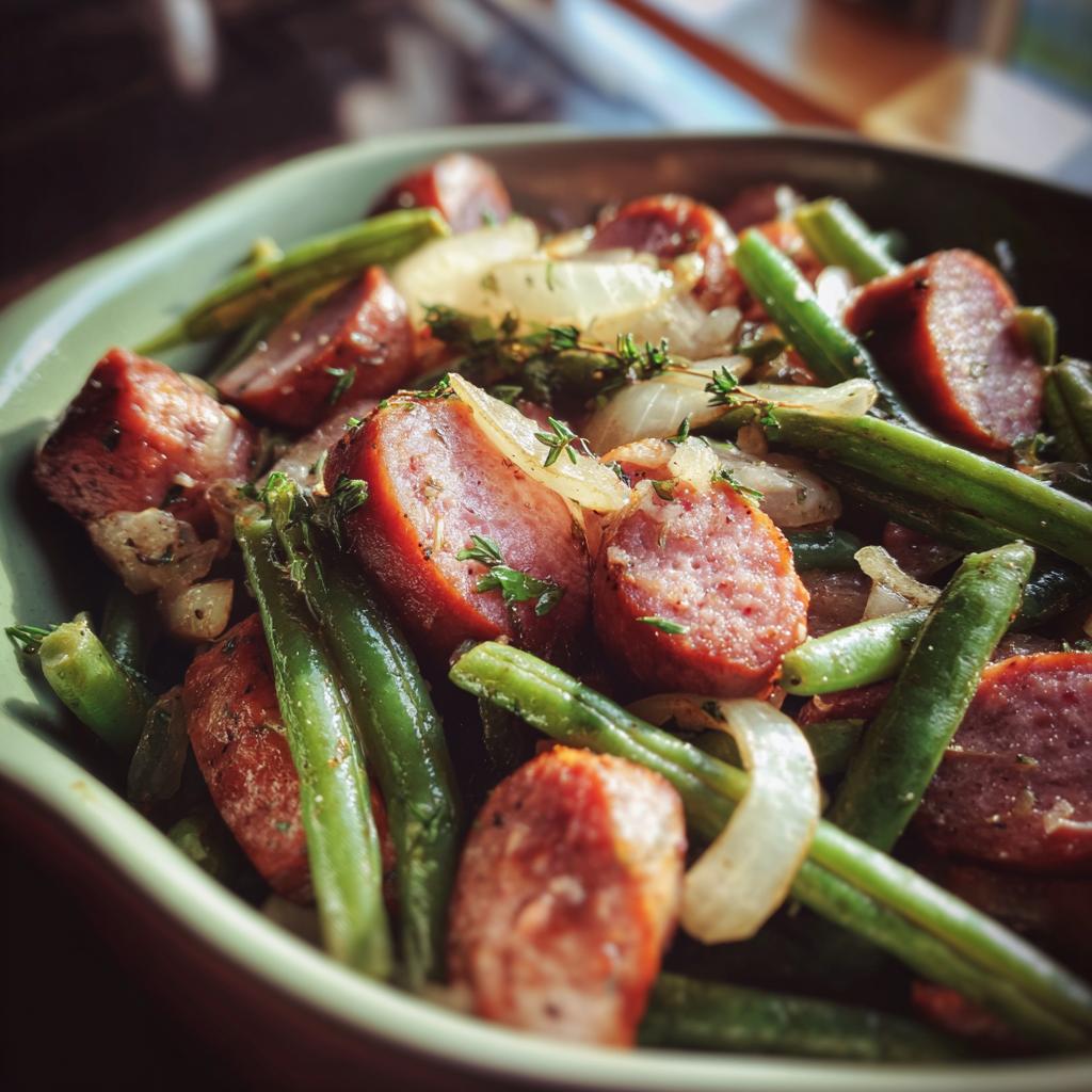 Close-up of cooked Crockpot Kielbasa and Green Beans with onions and herbs in a serving dish.