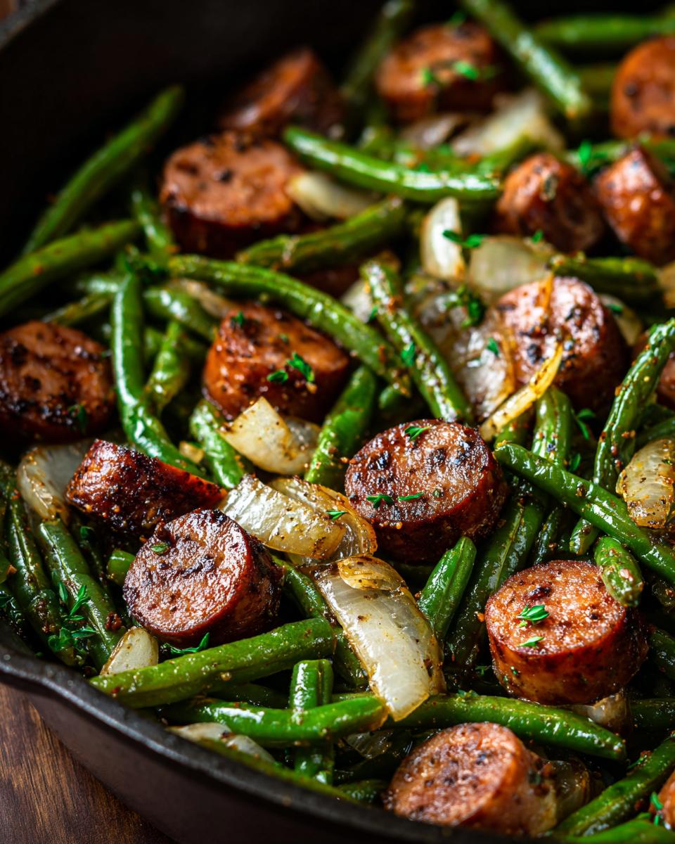 Close-up of Crockpot Kielbasa and Green Beans with onions, seasoned and cooked in a cast-iron skillet.
