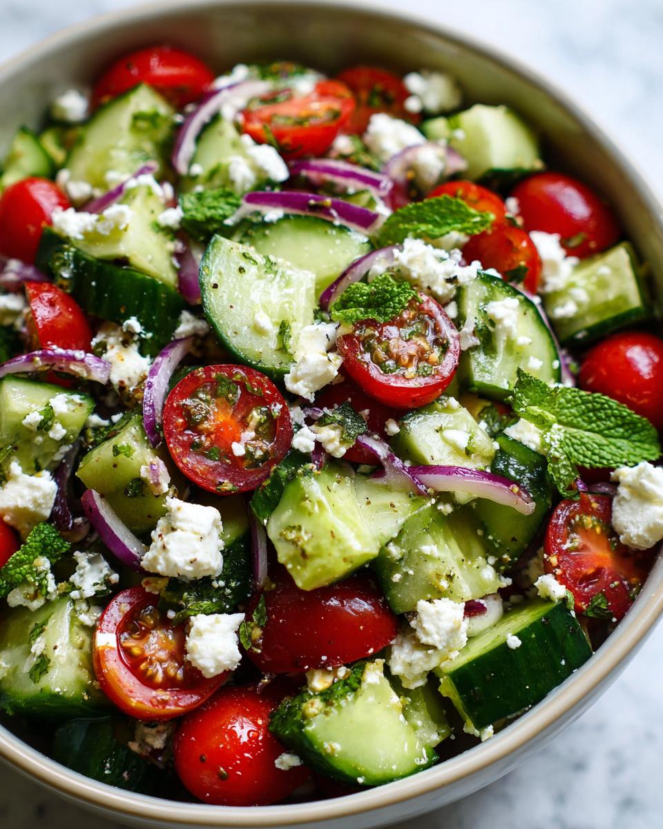 A refreshing summer salad with cucumber, tomato, feta cheese, red onion, and mint, perfect for cookouts.