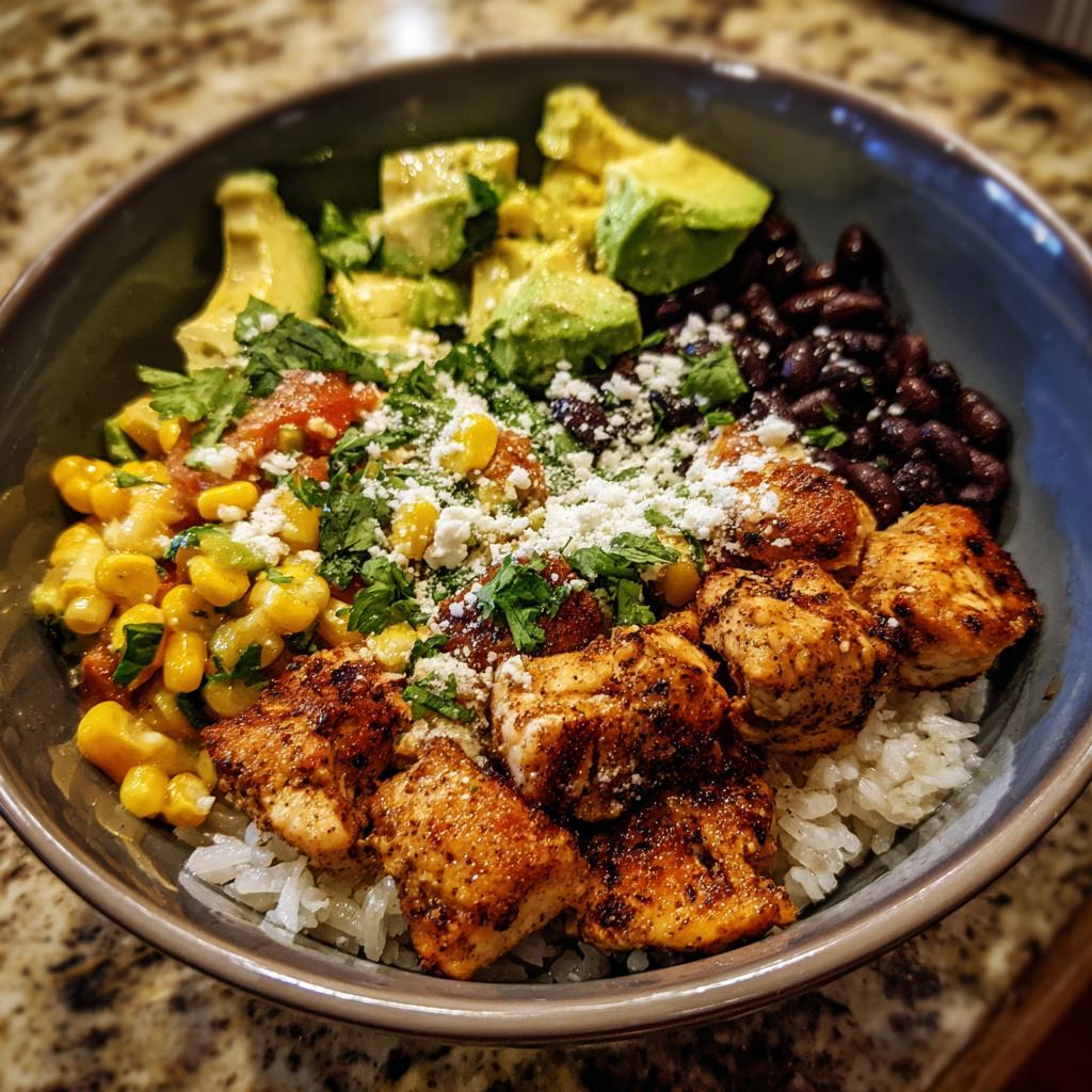 A delicious Easy Street Corn Chicken Bowl filled with rice, seasoned chicken, corn, black beans, avocado, and crumbled cheese.