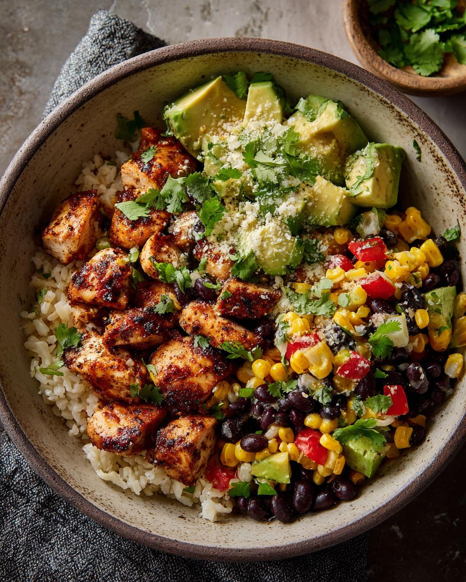 A vibrant Easy Street Corn Chicken Bowl filled with seasoned chicken, rice, black beans, corn, avocado, and cilantro.