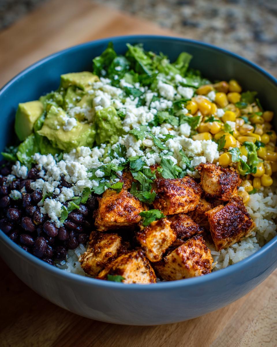 A vibrant Easy Street Corn Chicken Bowl filled with rice, seasoned chicken, black beans, corn, avocado, and crumbled cheese.