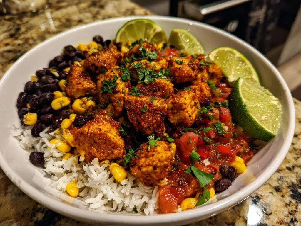 A vibrant Easy Street Corn Chicken Bowl filled with rice, black beans, corn, seasoned chicken, salsa, and lime wedges.