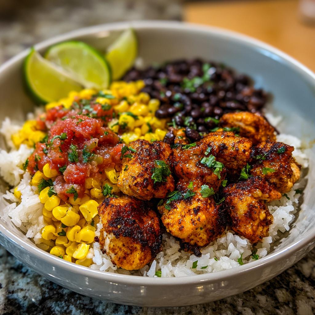 A delicious Easy Street Corn Chicken Bowl featuring seasoned chicken, rice, black beans, corn, salsa, and lime wedges.