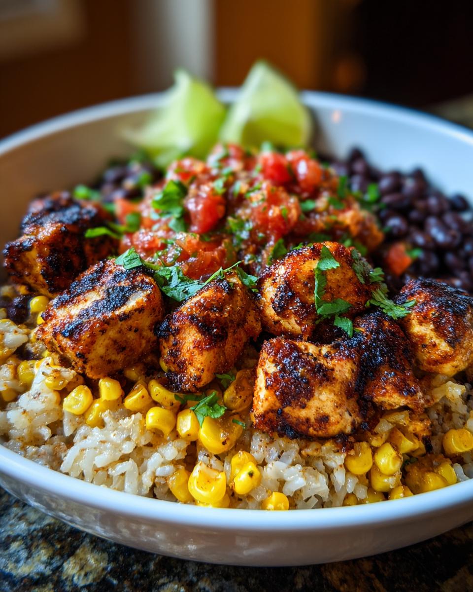 Close-up of an Easy Street Corn Chicken Bowl with grilled chicken, corn, black beans, salsa, and lime wedges.